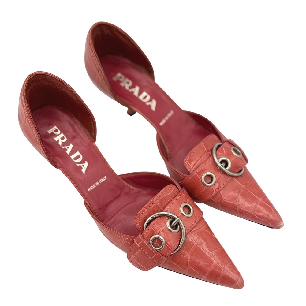Y2K Prada Kitten Heels Pink Croc Leather Buckle Pointed Toe 90s vintage EU 36.5